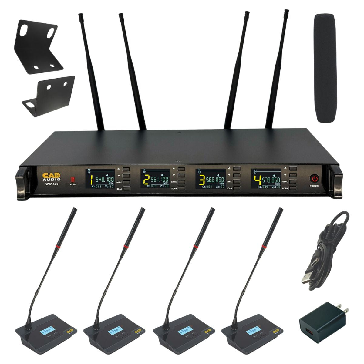 Inclusions of CAD Audio WX1400GN 4-Channel Wireless Gooseneck Microphone System on white background