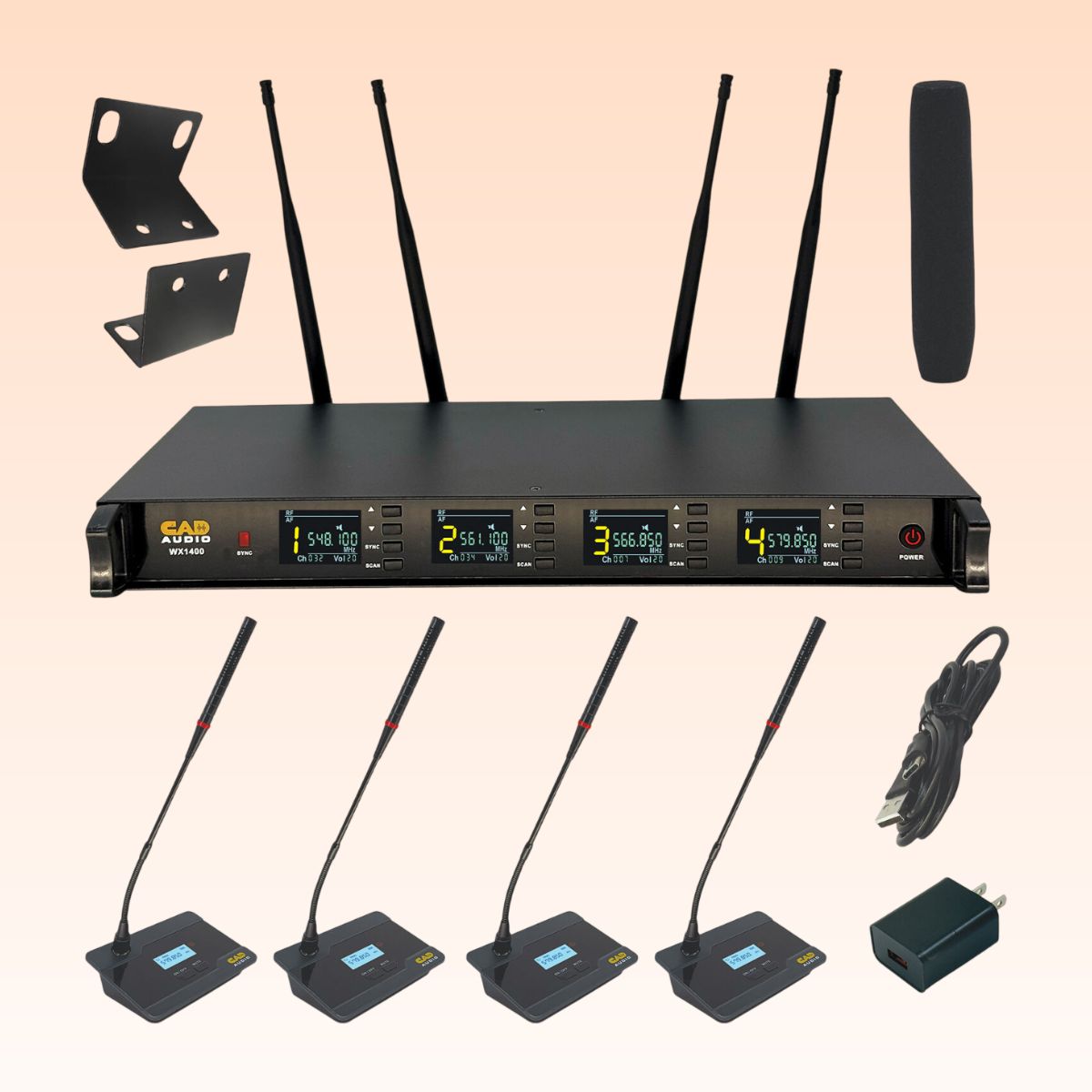 Inclusions of CAD Audio WX1400GN 4-Channel Wireless Gooseneck Microphone System on orange background