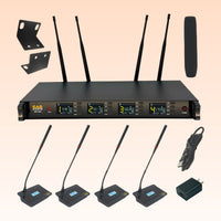 Inclusions of CAD Audio WX1400GN 4-Channel Wireless Gooseneck Microphone System on orange background