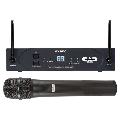 Inclusions of CAD Audio WX1600 UHF Handheld Wireless Microphone System, 542-564 MHz on white background