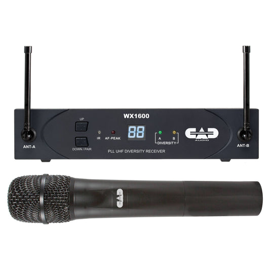 Inclusions of CAD Audio WX1600 UHF Handheld Wireless Microphone System, 542-564 MHz on white background
