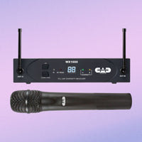 Inclusions of CAD Audio WX1600 UHF Handheld Wireless Microphone System, 542-564 MHz on purple background