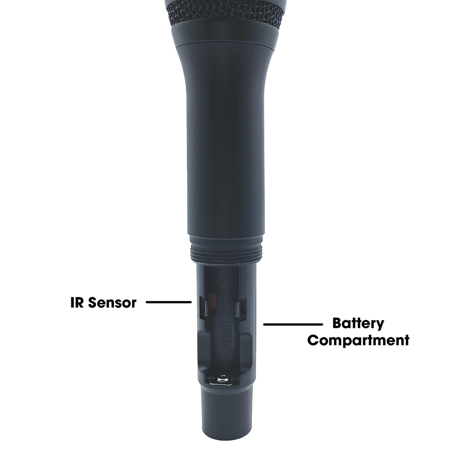 Battery compartment of CAD Audio WX1800 Handheld microphone on white background
