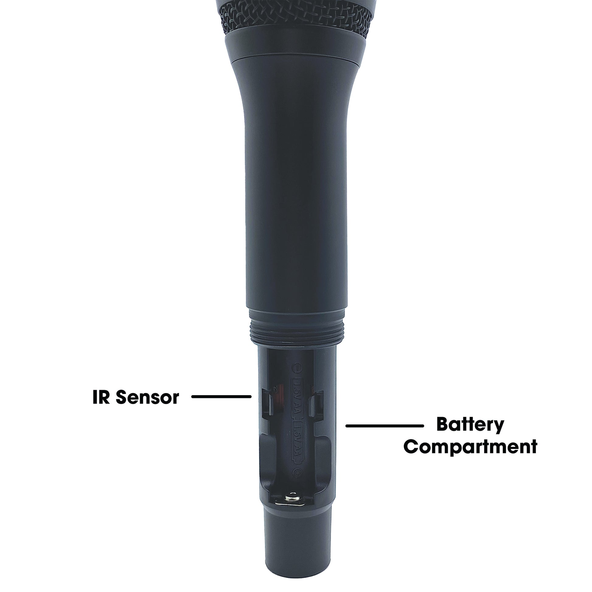 Battery compartment of CAD Audio WX1800 Handheld microphone on white background