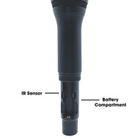 Battery compartment of CAD Audio WX1800 Handheld microphone on white background