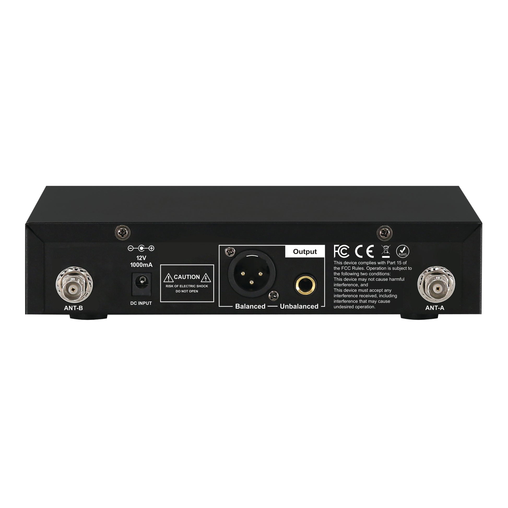 Rear panel of CAD Audio WX1800 transmitter on white background