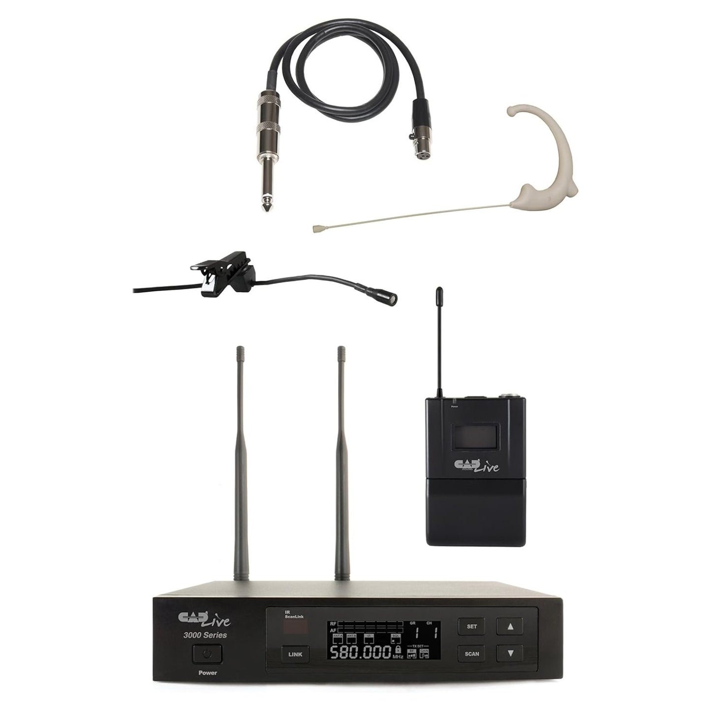 Inclusions of CAD Audio WX3010 UHF Wireless Body Pack Microphone System, 520-542 MHz on white background