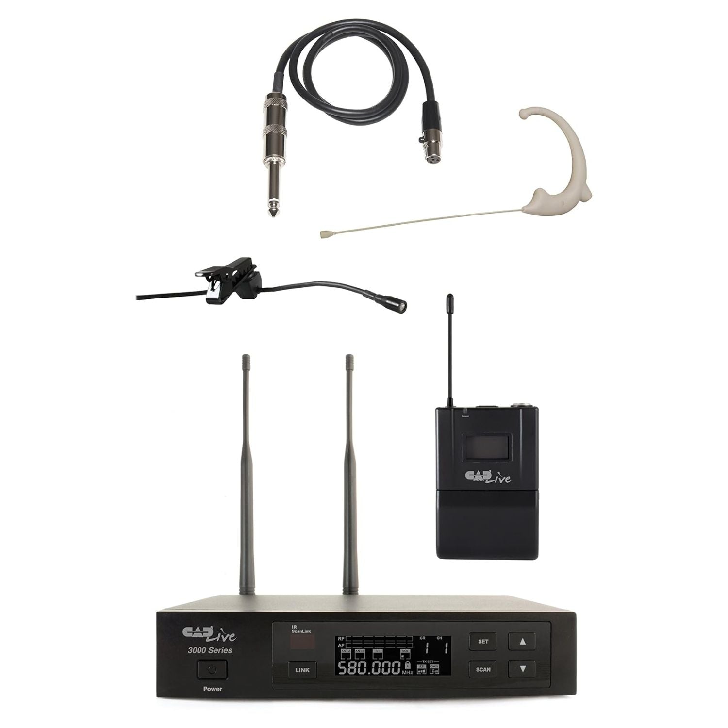 Inclusions of CAD Audio WX3010 UHF Wireless Body Pack Microphone System, 520-542 MHz on white background