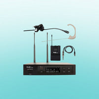 Inclusions of CAD Audio WX3010 UHF Wireless Body Pack Microphone System, 520-542 MHz on blue background