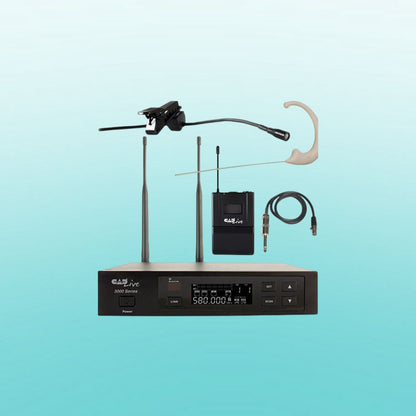 Inclusions of CAD Audio WX3010 UHF Wireless Body Pack Microphone System, 520-542 MHz on blue background