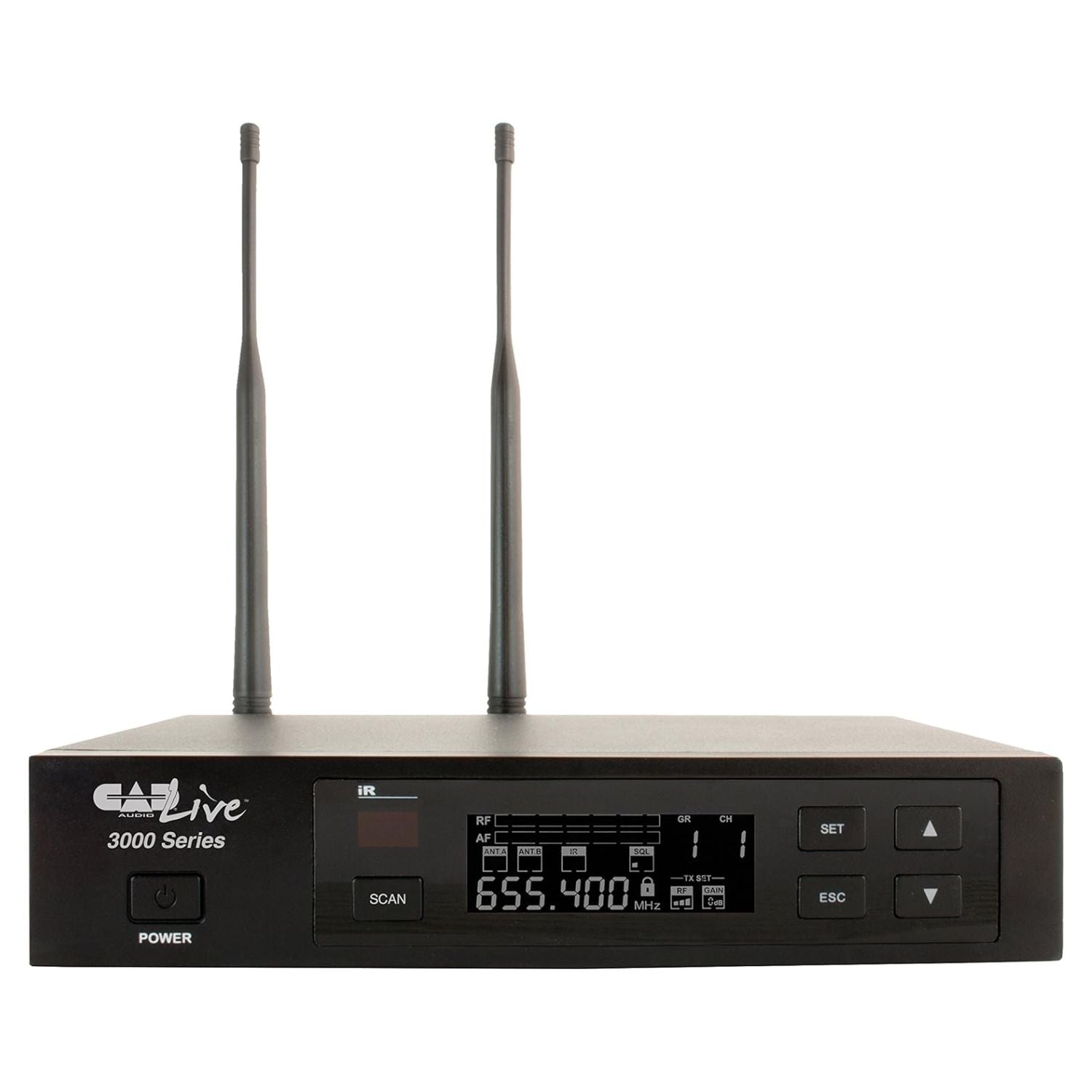 Receiver of CAD Audio WX3010 UHF Wireless Body Pack Microphone System, 520-542 MHz on white background