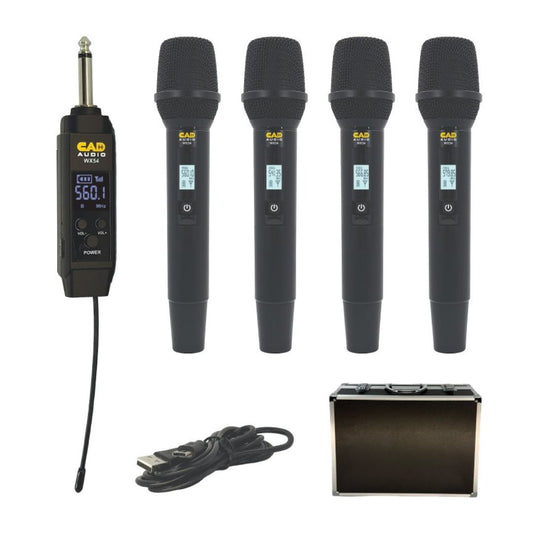 Inclusions of CAD Audio WX54 4-Channel Wireless Handheld Microphone System on white background