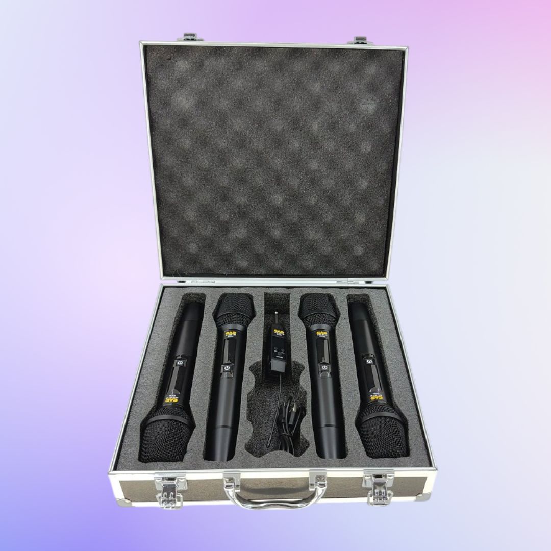 CAD Audio WX54 4-Channel Wireless Handheld Microphone System in carrying case on purple background
