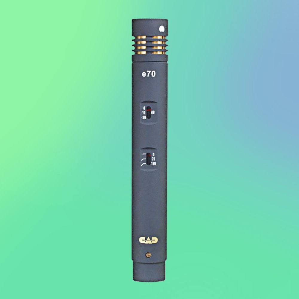 Front view of CAD Audio e70 Modular Dual-Capsule Condenser Microphone on green and blue gradient background