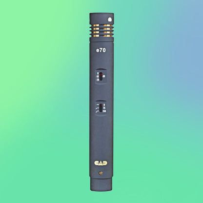 Front view of CAD Audio e70 Modular Dual-Capsule Condenser Microphone on green and blue gradient background