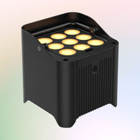 Black LED light fixture with multiple yellow lights on a gradient background