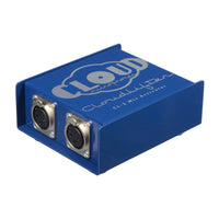 Blue audio interface with XLR connectors on a white background