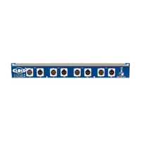Audio interface panel with multiple sockets on a white background