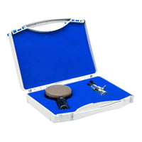 Open lid of blue case of Coles 4030L with the microphone and shock mount inside on white background