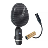 Microphone with honeycomb grille and XLR connector on a white background