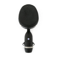 Black microphone with a textured windscreen on a white background