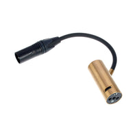 Gold audio connector with black cable on a white background