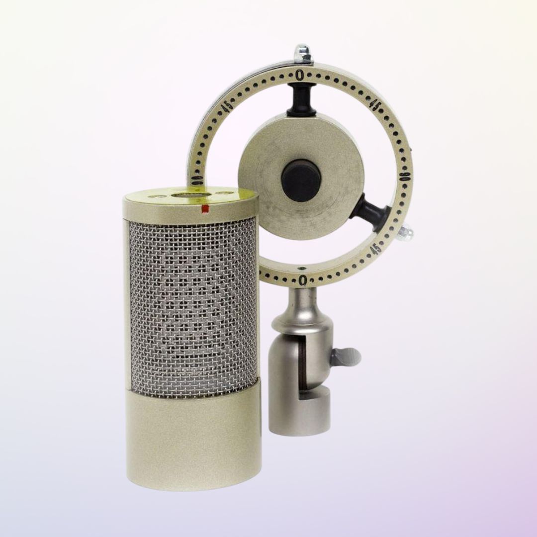 Front view of Coles 4050 Mono microphone with shock mount on purple gradient background