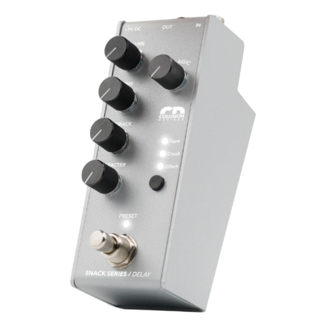 Angled view of Collision Devices Snack Delay Pedal on white background