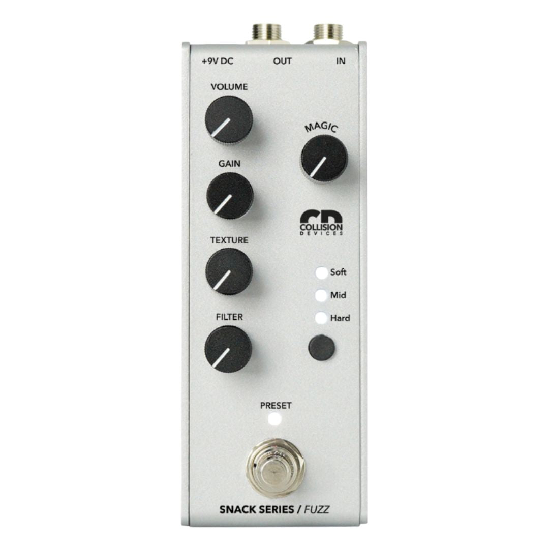 Front view of Collision Devices Snack Fuzz Pedal on white background
