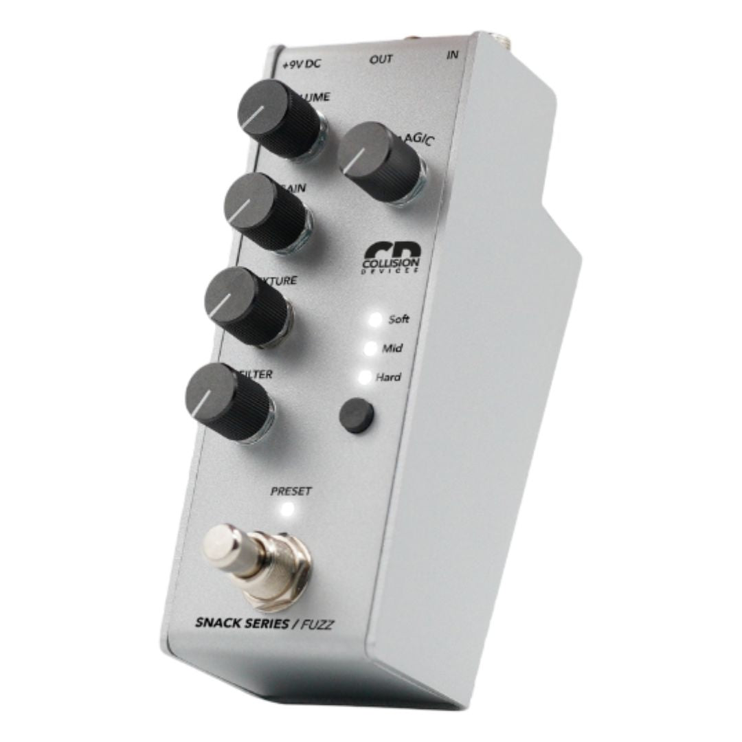 Angled view of Collision Devices Snack Fuzz Pedal on white background