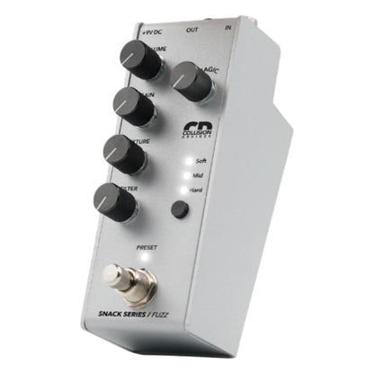 Angled view of Collision Devices Snack Fuzz Pedal on white background