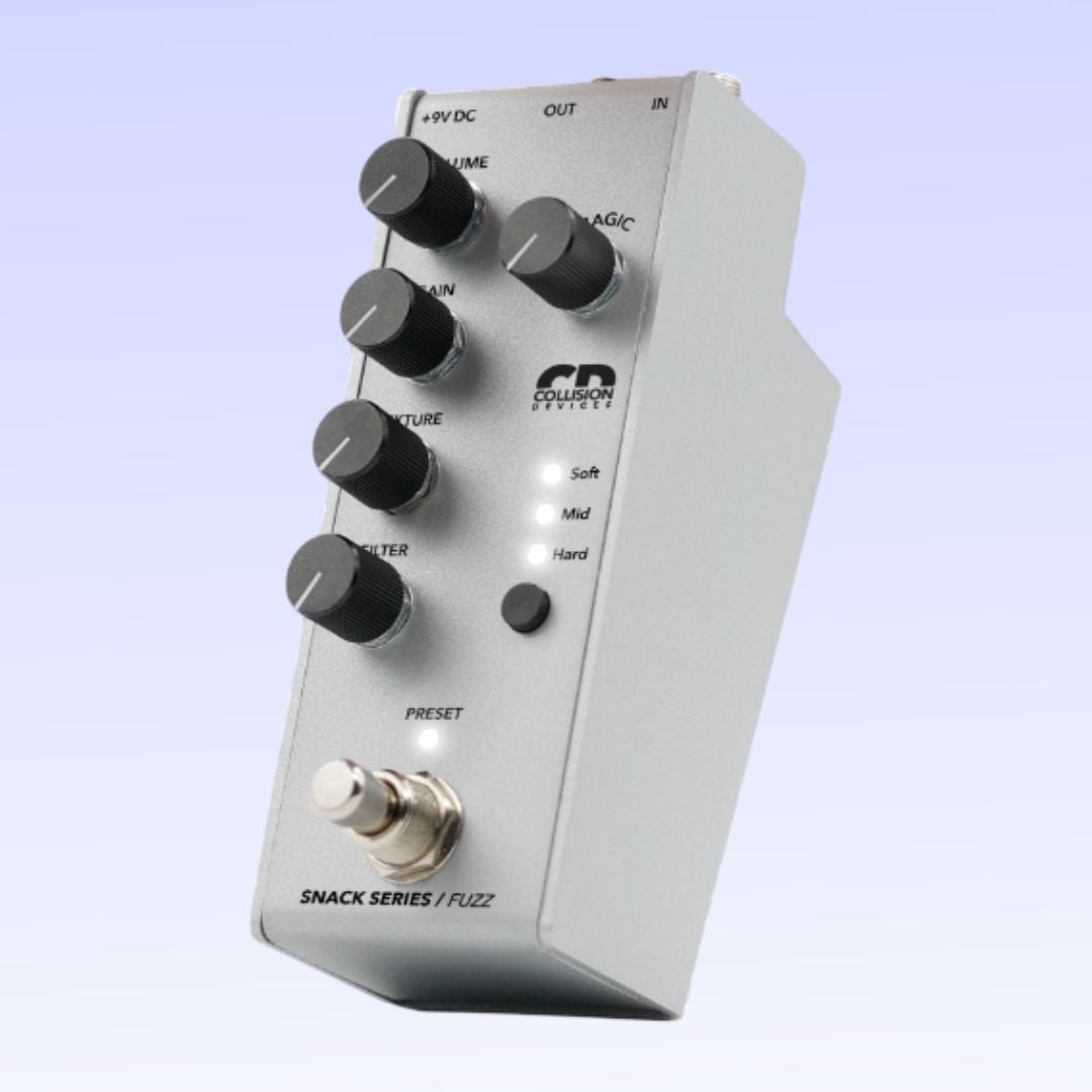 Angled view of Collision Devices Snack Fuzz Pedal on purple background