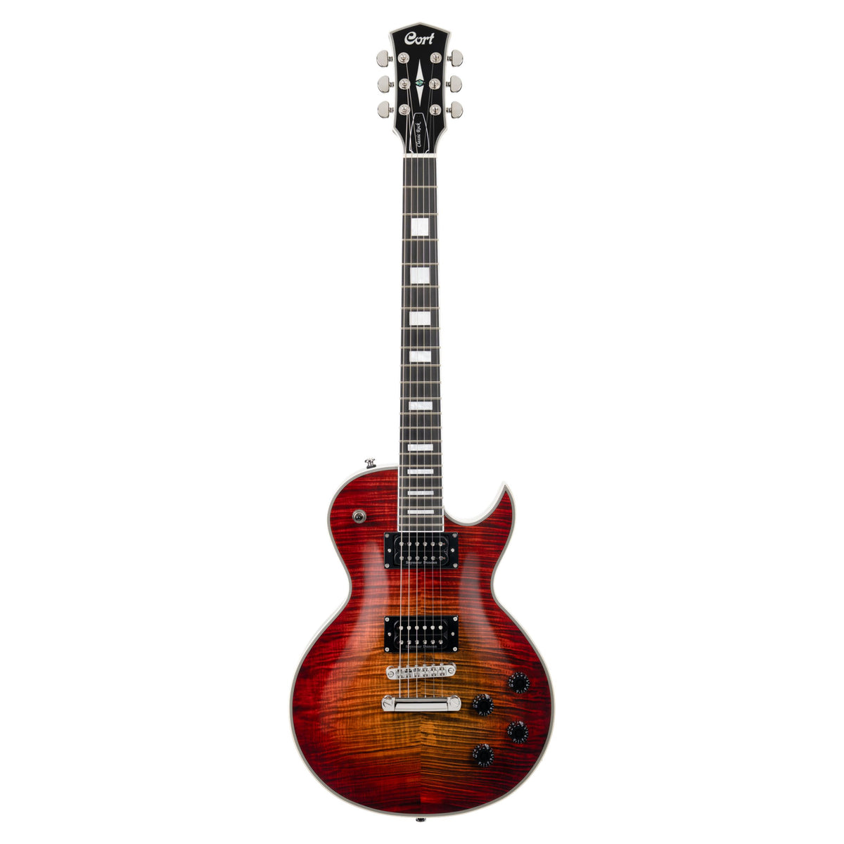 Front view of Cort CR300 Deluxe Electric Guitar Flaming Burst on white background