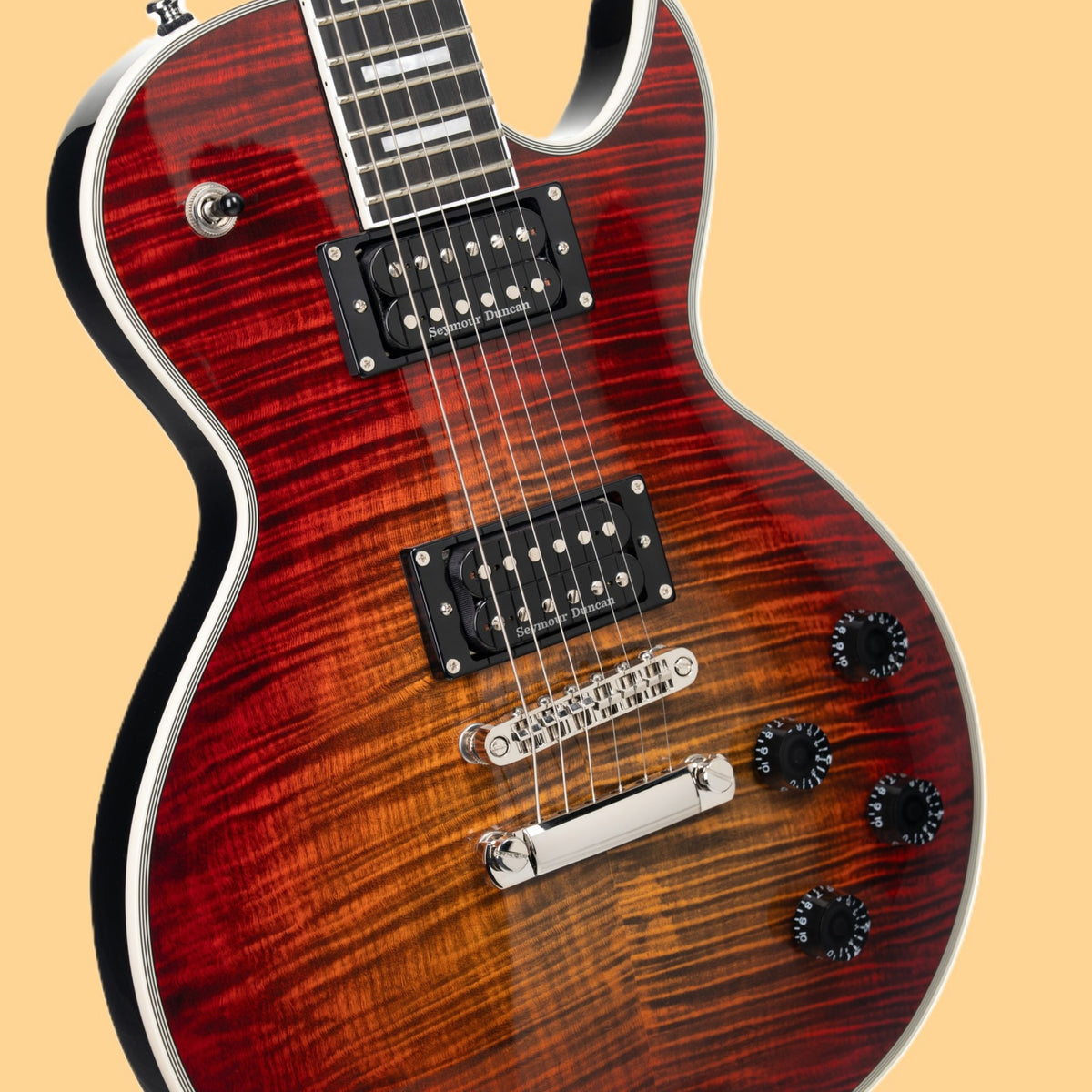 Close up angled view of Cort CR300 Deluxe Electric Guitar Flaming Burst on orange background