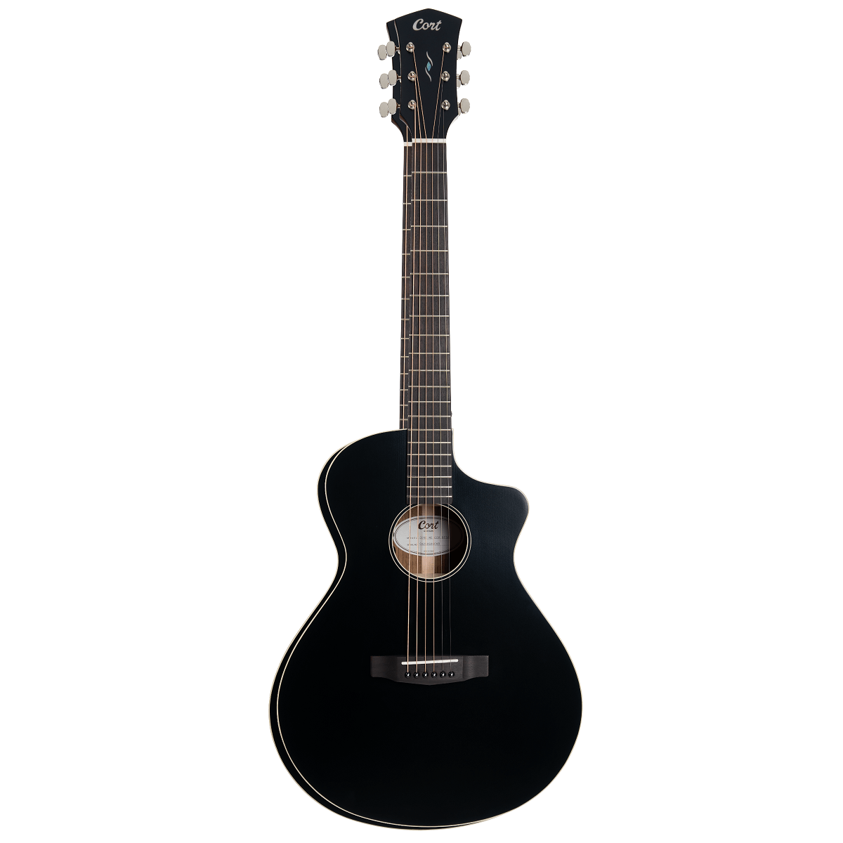 Front view of Cort Core-MC Ovangkol Acoustic Electric Guitar (Black Top Semi Gloss) on white background