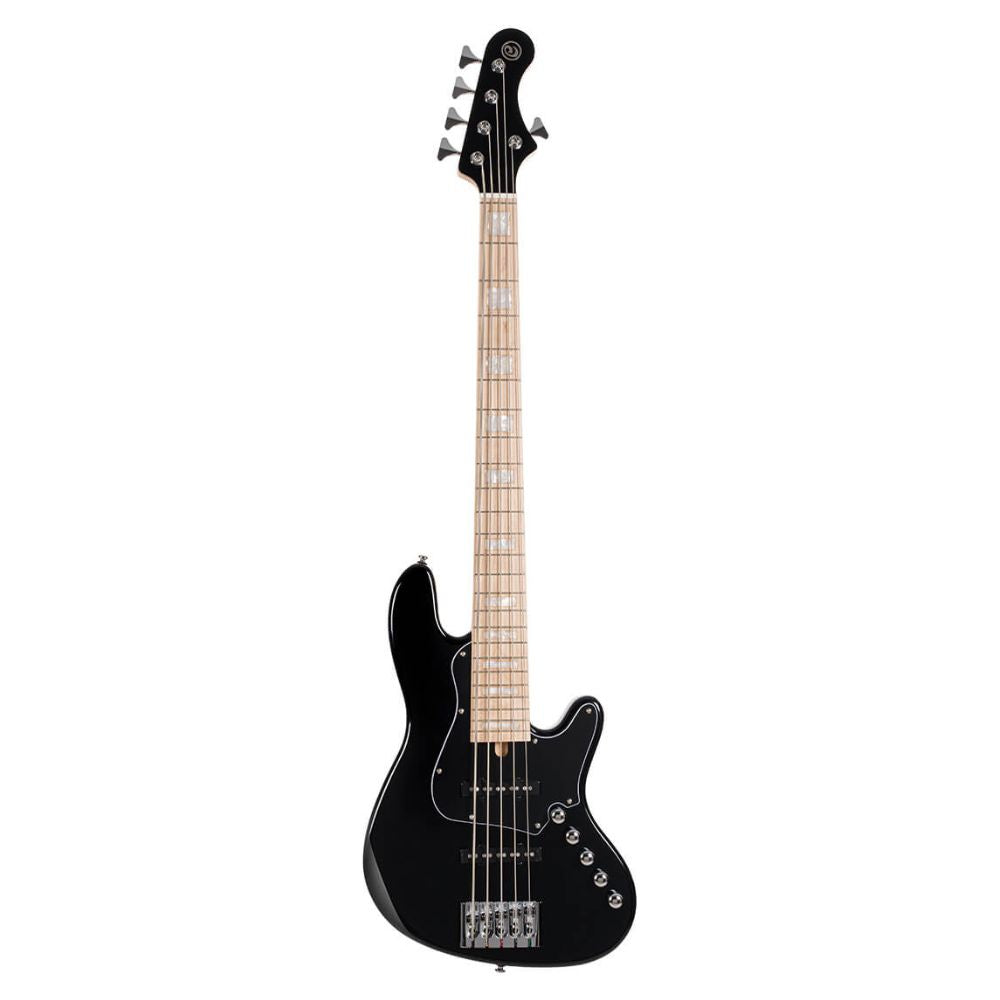 Front view of Cort Elrick NJS 5 String Bass Guitar Black on white background