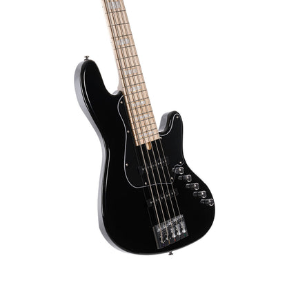 Close up view of Cort Elrick NJS 5 String Bass Guitar Black on white background