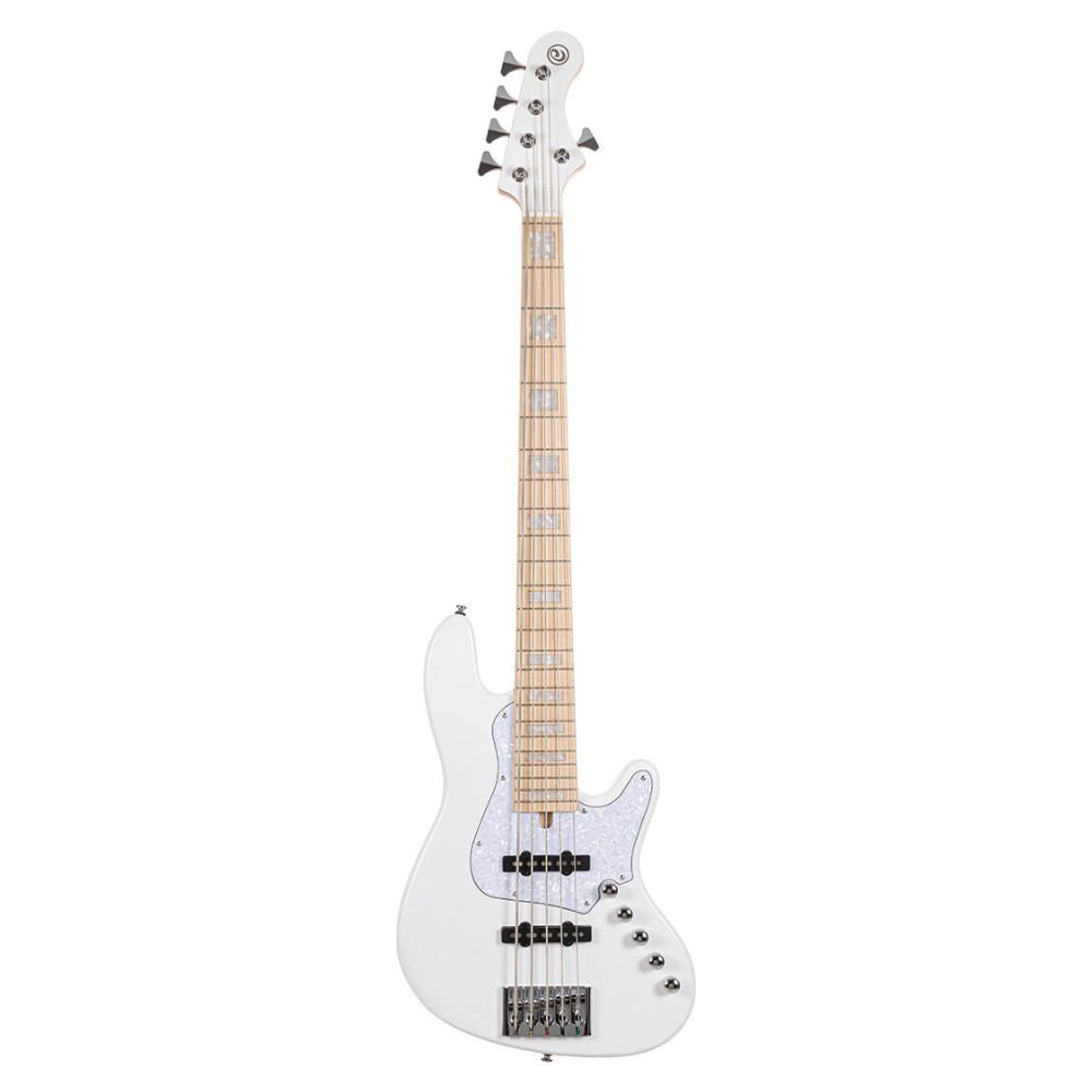 Front view of Cort Elrick NJS 5 String Bass Guitar White on white background