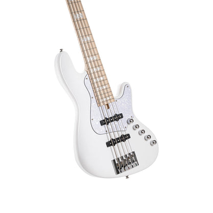Close up view of Cort Elrick NJS 5 String Bass Guitar White on white background