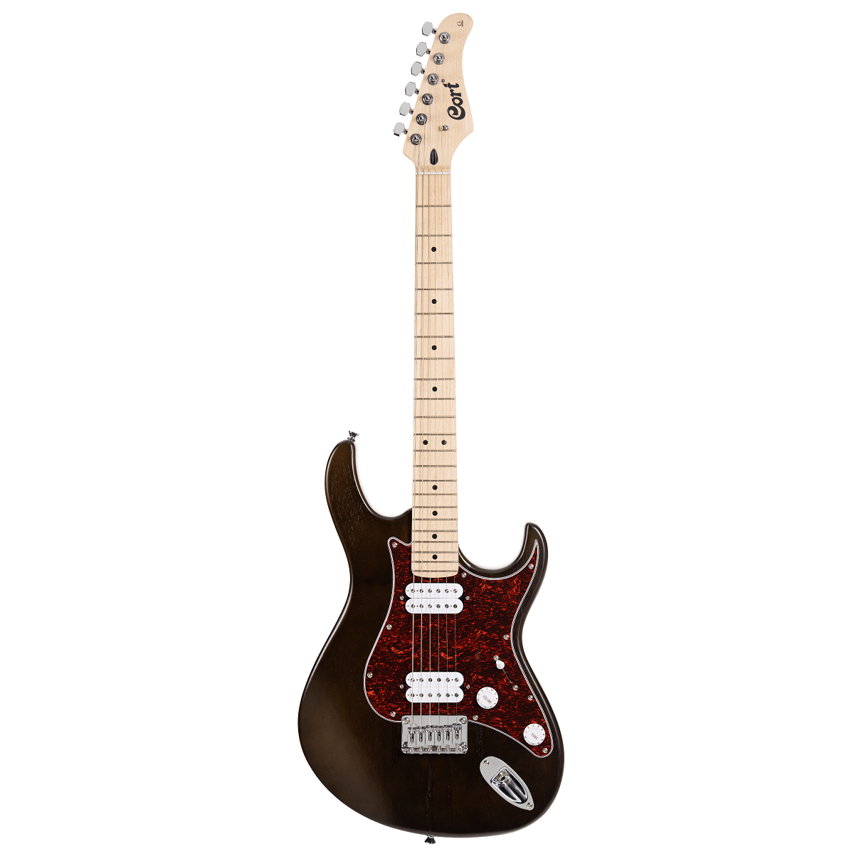 Front view of Cort G100 HH Electric Guitar Open Pore Walnut on white background