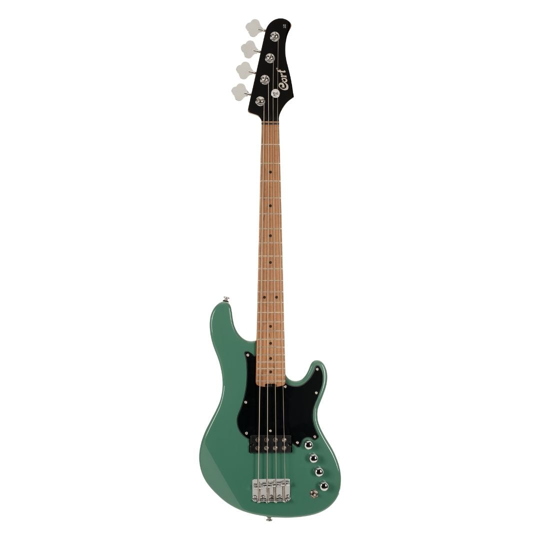 Front view of Cort GB-Short Scale 4-String Electric Bass Guitar Forest Green on white background