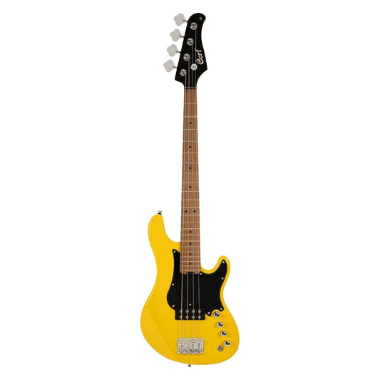 Front view of Cort GB-Short Scale 4-String Electric Bass Guitar Yellow Crush on white background
