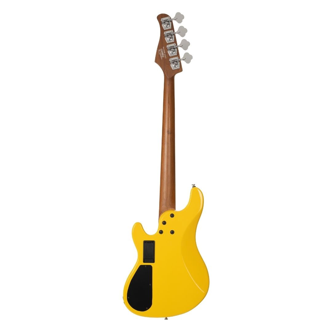 Rear view of Cort GB-Short Scale 4-String Electric Bass Guitar Yellow Crush on white background