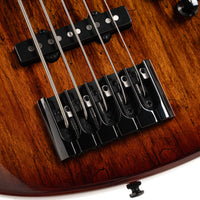 Close up bridge view of Cort GB Fusion 5 String Electric Bass Guitar on white background