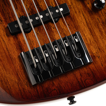 Close up bridge view of Cort GB Fusion 5 String Electric Bass Guitar on white background