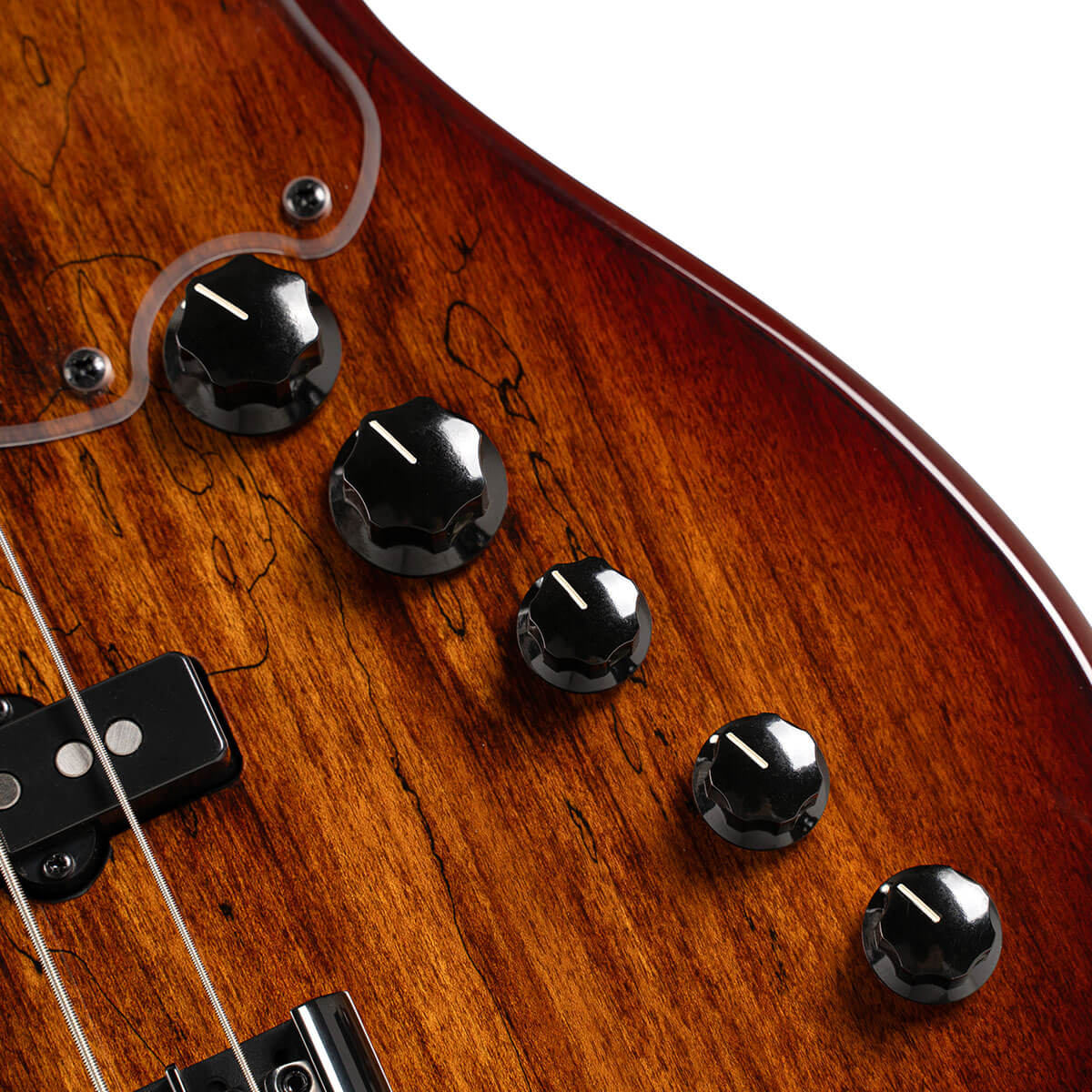 Close up knobs view of Cort GB Fusion 5 String Electric Bass Guitar on white background
