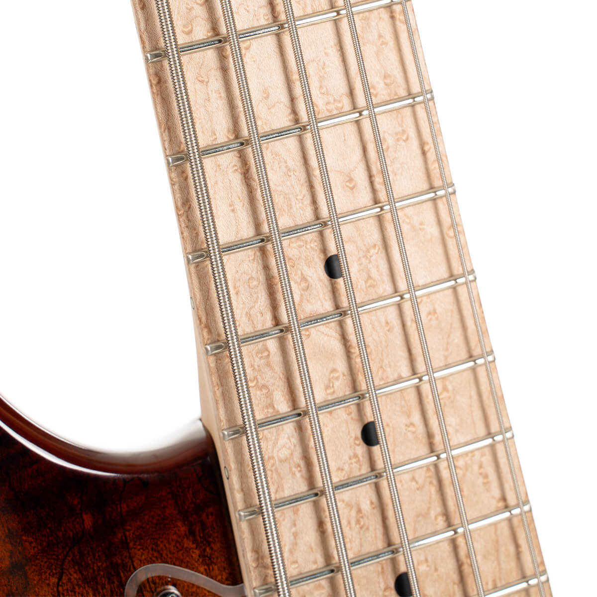 Close up fret board view of Cort GB Fusion 5 String Electric Bass Guitar on white background