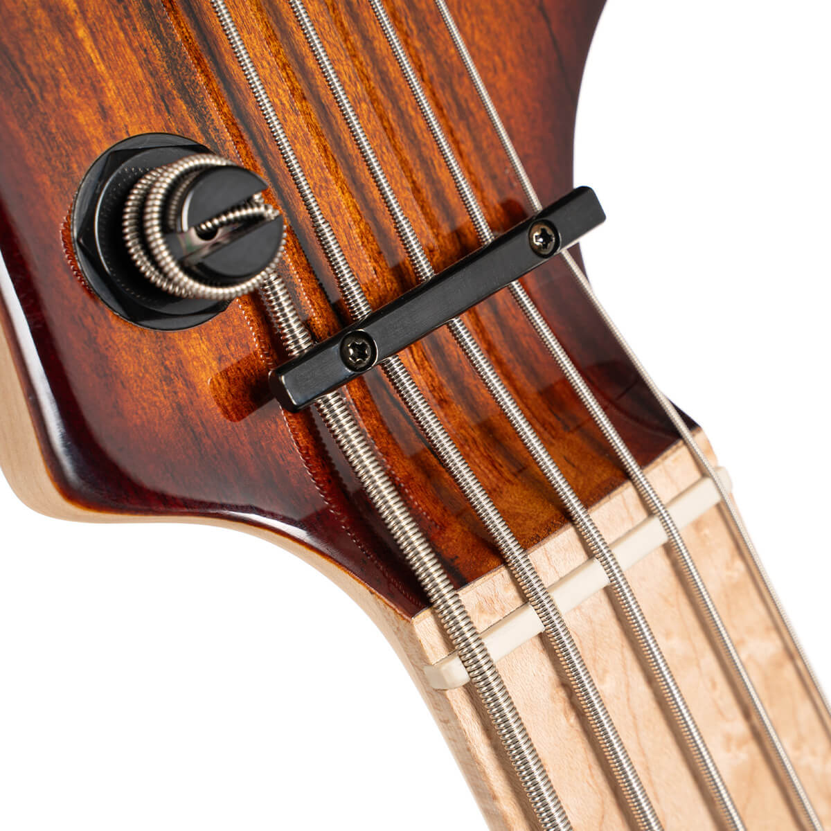 Close up nut view of Cort GB Fusion 5 String Electric Bass Guitar on white background