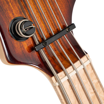 Close up nut view of Cort GB Fusion 5 String Electric Bass Guitar on white background