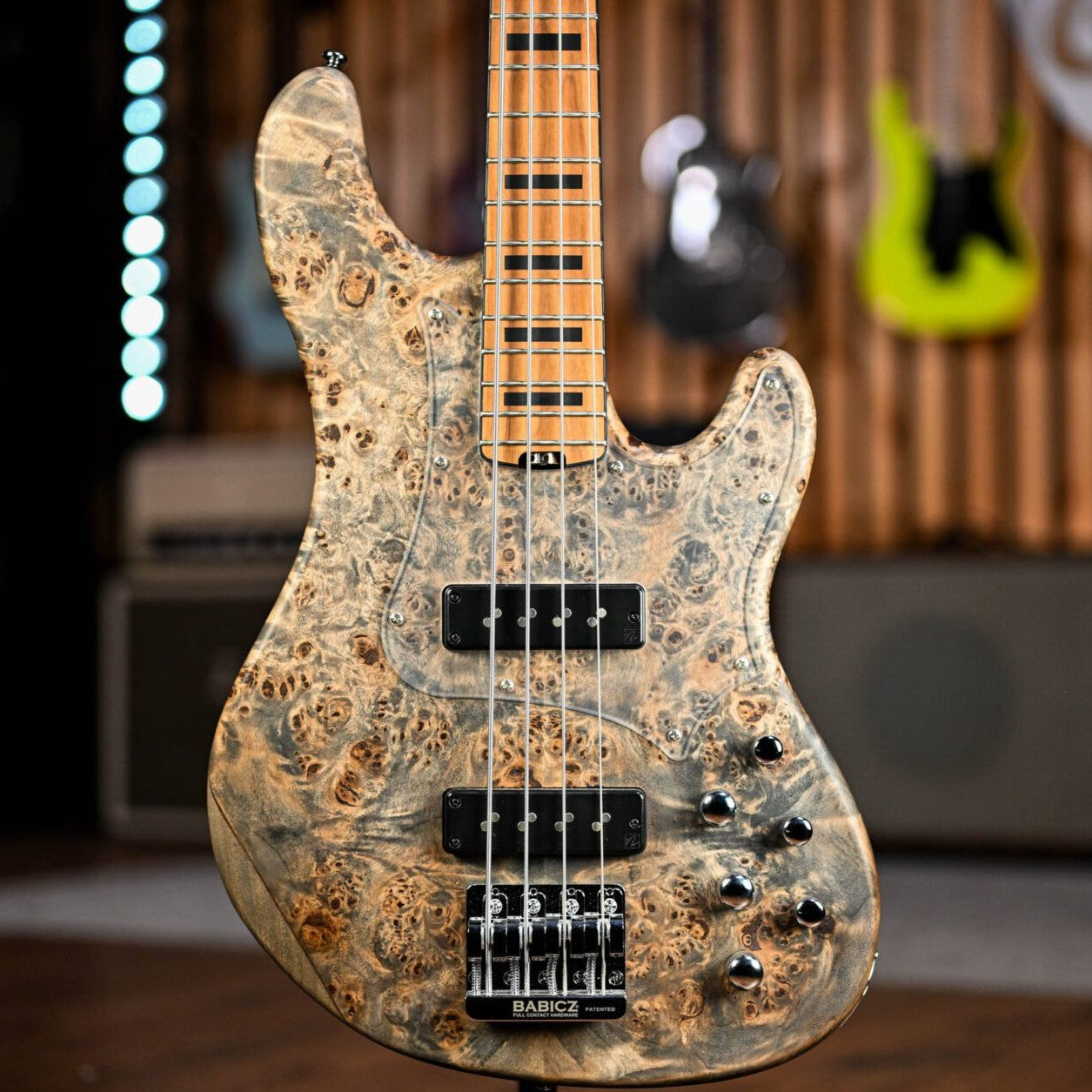 Close up front view of Cort GB Modern 5 String Electric Bass Guitar Open Pore Charcoal Gray in studio